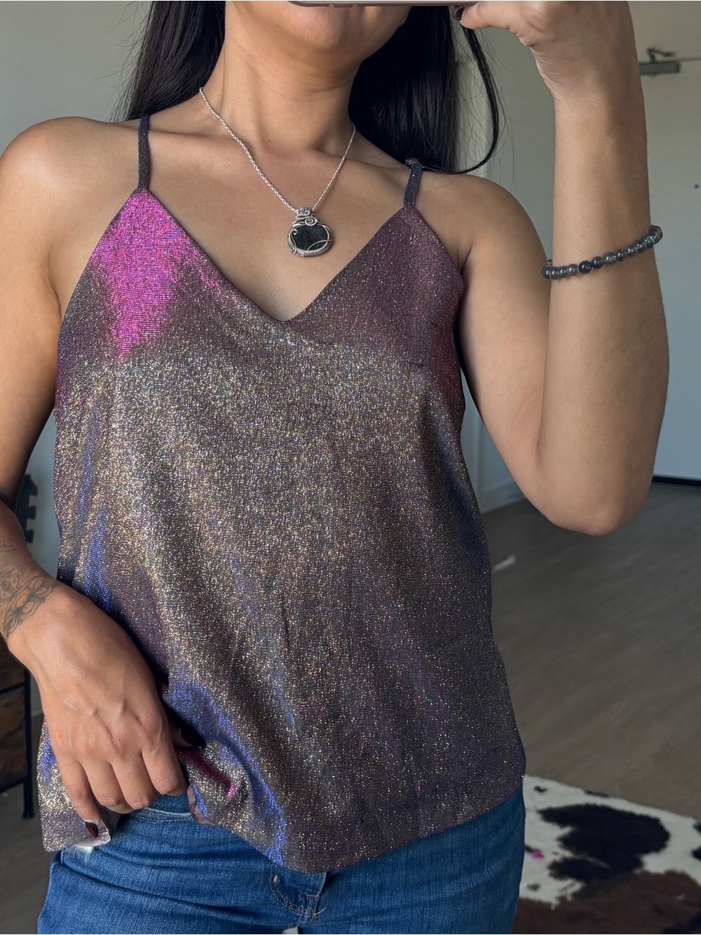 J.O.A. Iridescent Purple-Pink Shimmer V-Neck Cami